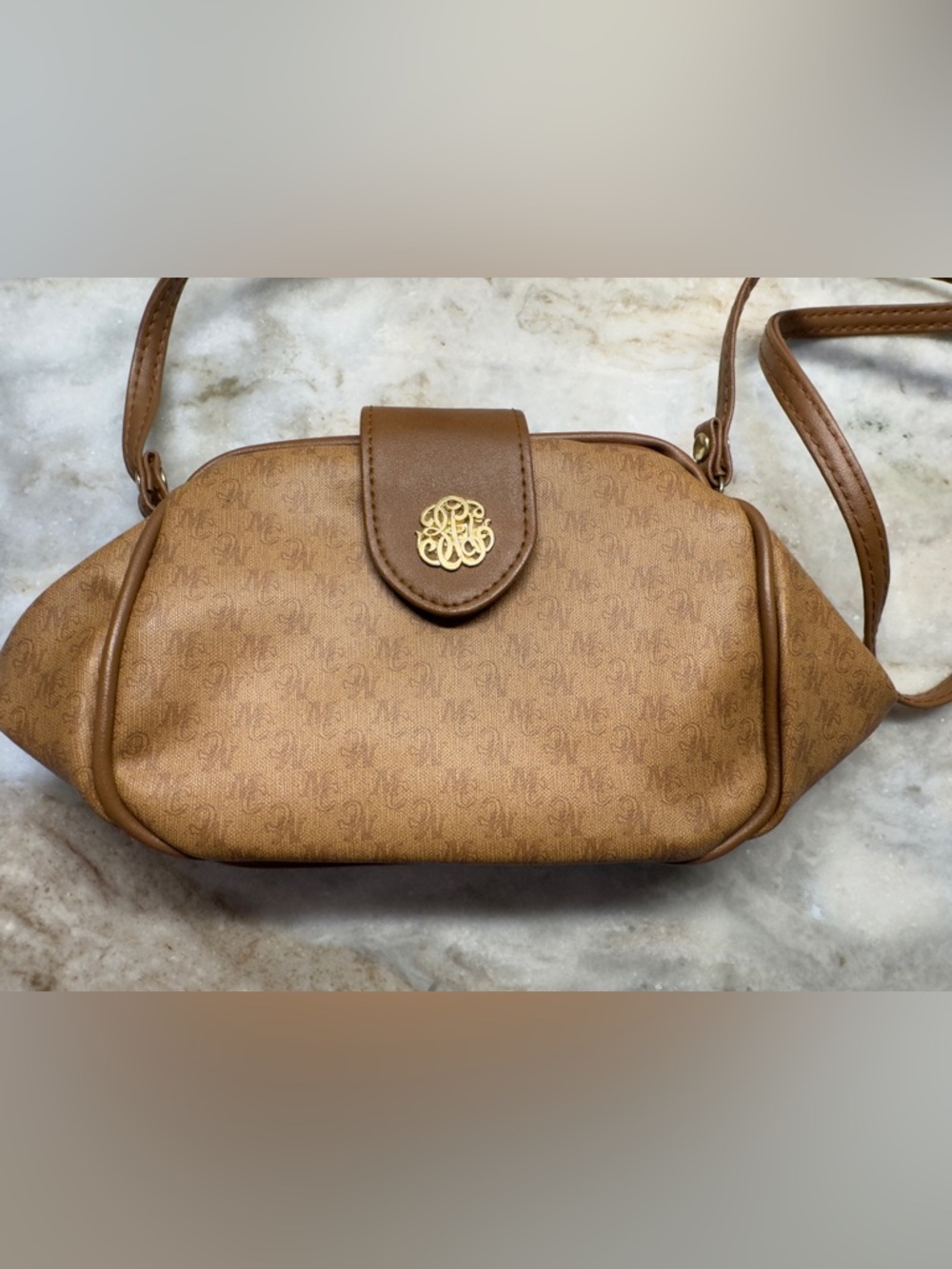 Vintage Mitzi Mini Faux Leather Brown Crossbody Bag with Hinge Top